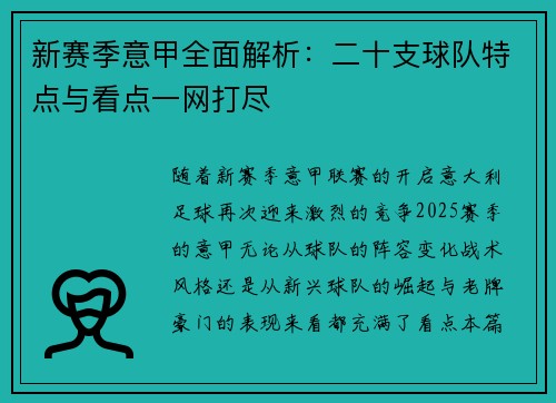 新赛季意甲全面解析：二十支球队特点与看点一网打尽